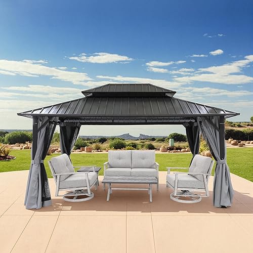Gazebo de techo rígido de 12 x 16 pies, kiosco de patio al aire libre, marco de aluminio, kiosco de techo rígido para patio con red y cortina,
