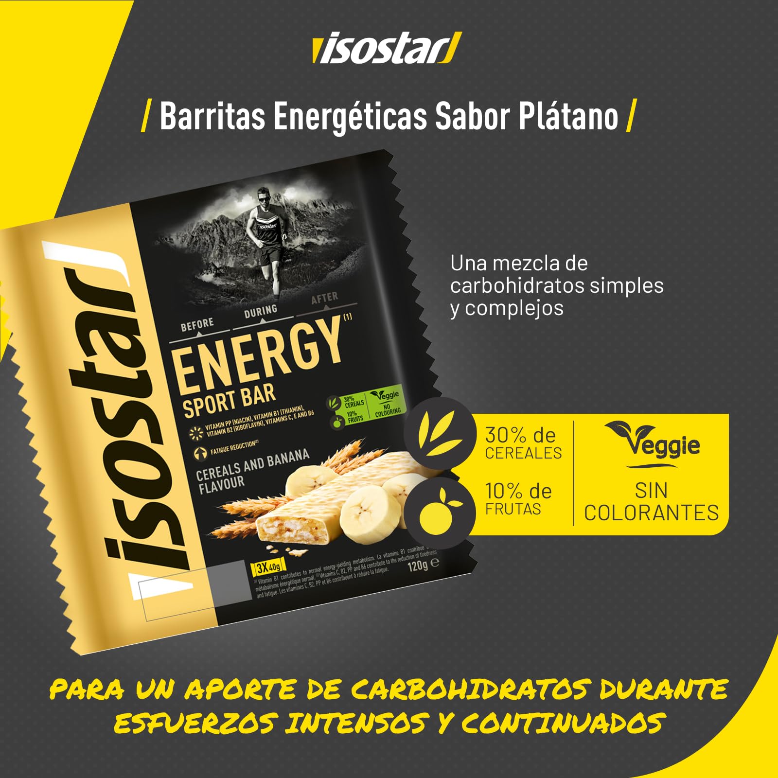 Isostar, Barritas Energy Sport con Niacina, Vitaminas B1, B2, C, E y B6. Ayudan a mantener el metabolismo energético normal y a reducir la fatiga. Sabor Banana, 3x40gr