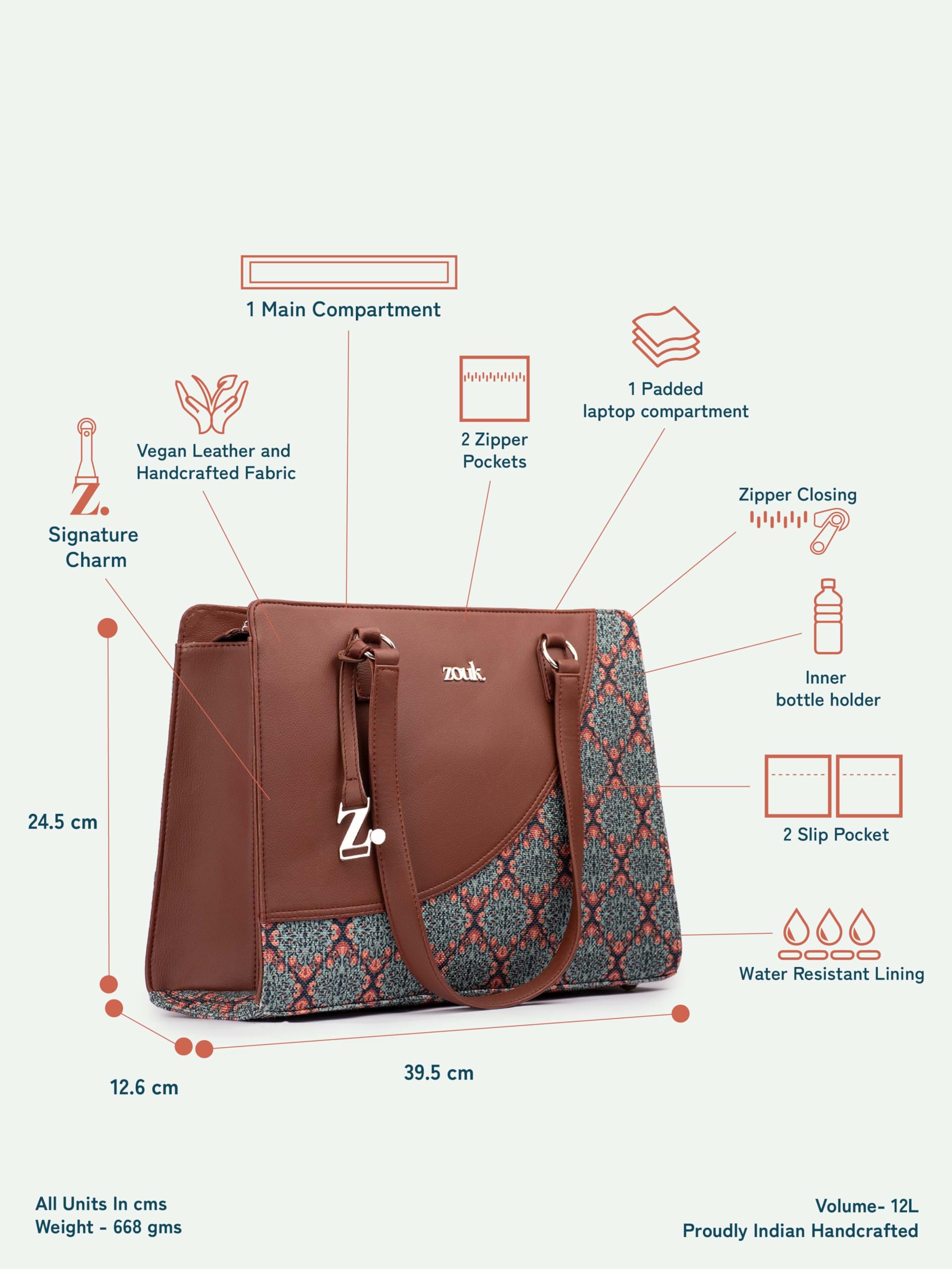 ZOUK Office Essential Bag | Jute | Vegan Leather Handcrafted Tote Bag With Double Handle Shoulder Strap | Kolkata Nouveau 3