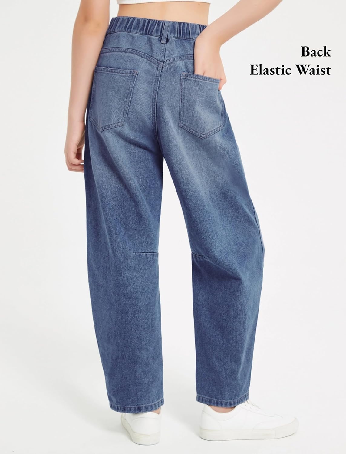 EXARUS Girls Wide Leg Jeans Baggy Barrel Cropped Ankle Length Denim Pants Mid Rise Elastic Band with Pockets Kids 6-14Y - Image 2