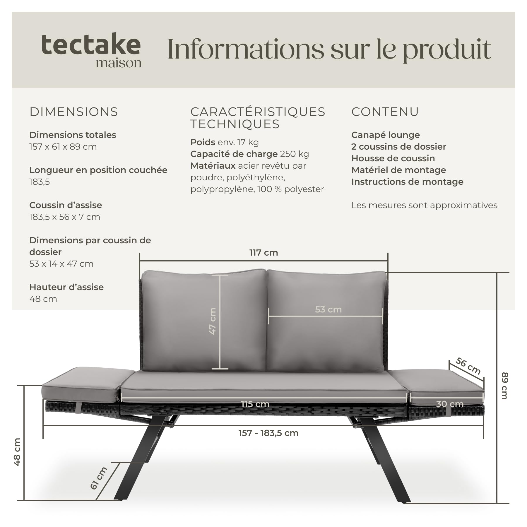 Tectake Salon de Jardin Exterieur 2en1 Canapé 2 Places Bain de Soleil en Résine Tréssée