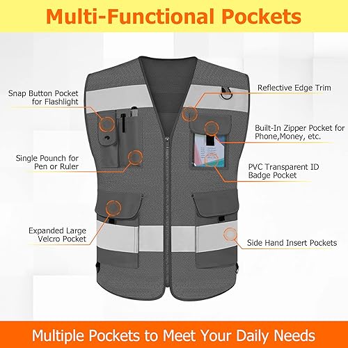 Miniatura 7 de TCCFCCT Hi Vis Chaleco de seguridad reflectante de alta visibilidad con 9 bolsillos para hombres y mujeres, chaleco de trabajo de construcción con