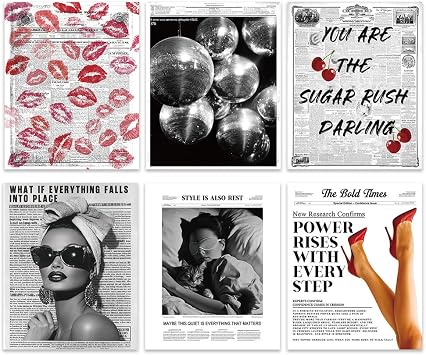 GOMAKERER 6 Pcs Trendy Newspaper Wall Art Prints, Vintage Black White Aesthetic Posters Retro Red Kiss Lip Poster Wall Decor for Bedroom Dorm Home Decoration, 20.5x25.5cm Unframed