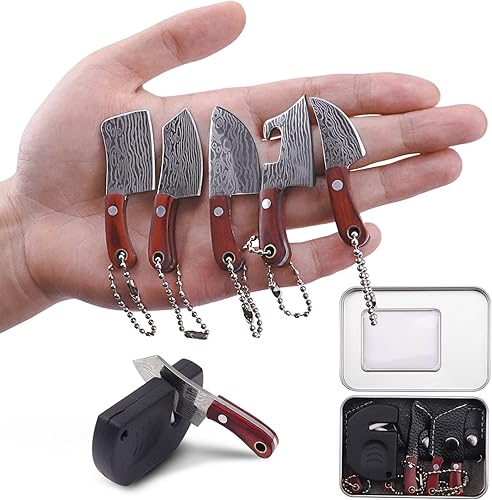 Juego de 5 mini cuchillos de chef de Damasco, juego de cuchillos EDC para abridor de paquetes, cortador de cajas, mini cuchillos con funda y afilador
