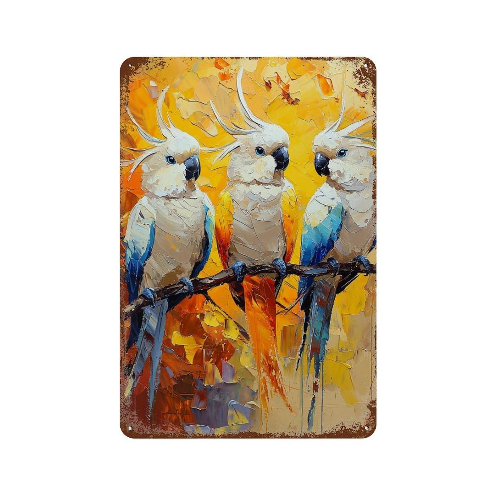 Parrot Trio on Branch Vintage Metal Tin Sign 11.8"x7.9", Ideal for Living Room, Hallway And Home Decor