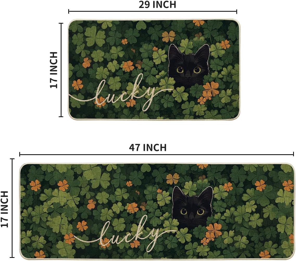 Artoid Mode Shamrock Lucky Black Cat St. Patrick's Day Kitchen Mats Set of 2, Home Decor Low-Profile Kitchen Rugs for Floor - 17x29 and 17x47 Inch