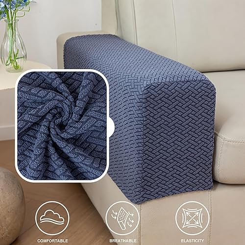 Miniatura 6 de Juego de 2 fundas de poliéster elásticas para reposabrazos de sofá reclinable, fundas protectoras con pasadores giratorios (marrón, M)