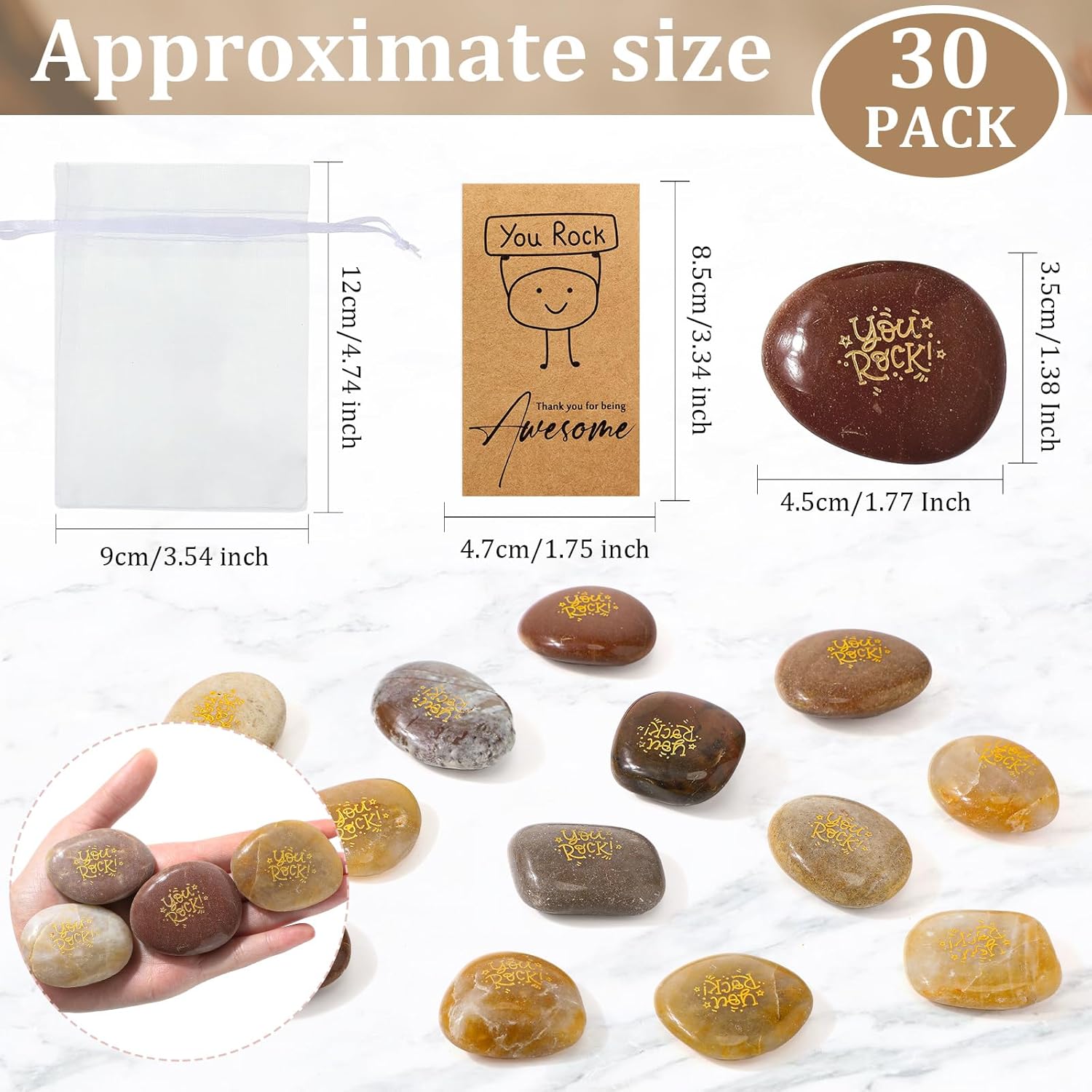 Roowest 30 Sets Inspirational You Rock Gifts Employee Appreciation Gift Engraved Inspirational Rocks Gift Faith Stones Cards Organza Bag for Staff Volunteer Coworker Teacher Nurse