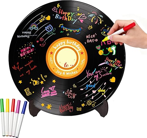 Holkcog Disco de vinilo para decoración de cumpleaños, letrero de arte de graffiti con soporte, libro de invitados de feliz cumpleaños para hombres