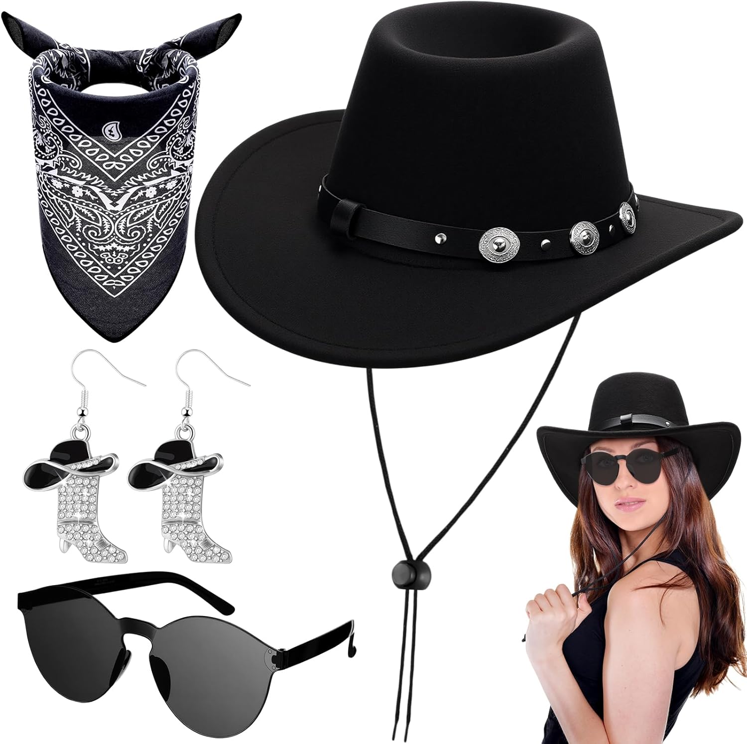 4 Pcs Western Cowgirl Costume Set for Women with Hat, Sunglasses, Bandana, and Earrings Outfit Black