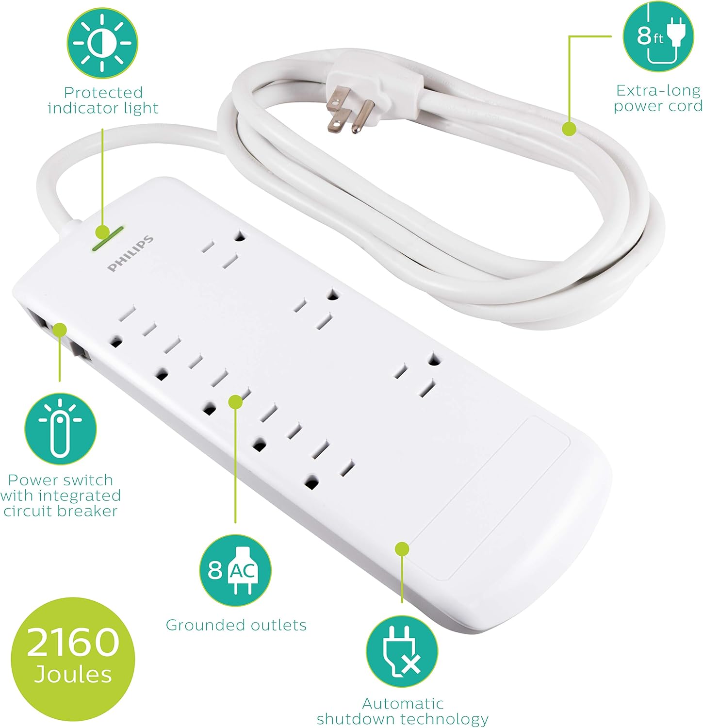 Philips 8 Outlet Power Strip Surge Protector, 8ft Extra-Long Power Cord, Flat Plug, Wall Mount, 2160 Joules, ETL Listed, Circuit Breaker, Automatic Shutdown, White, SPP3086WB/37