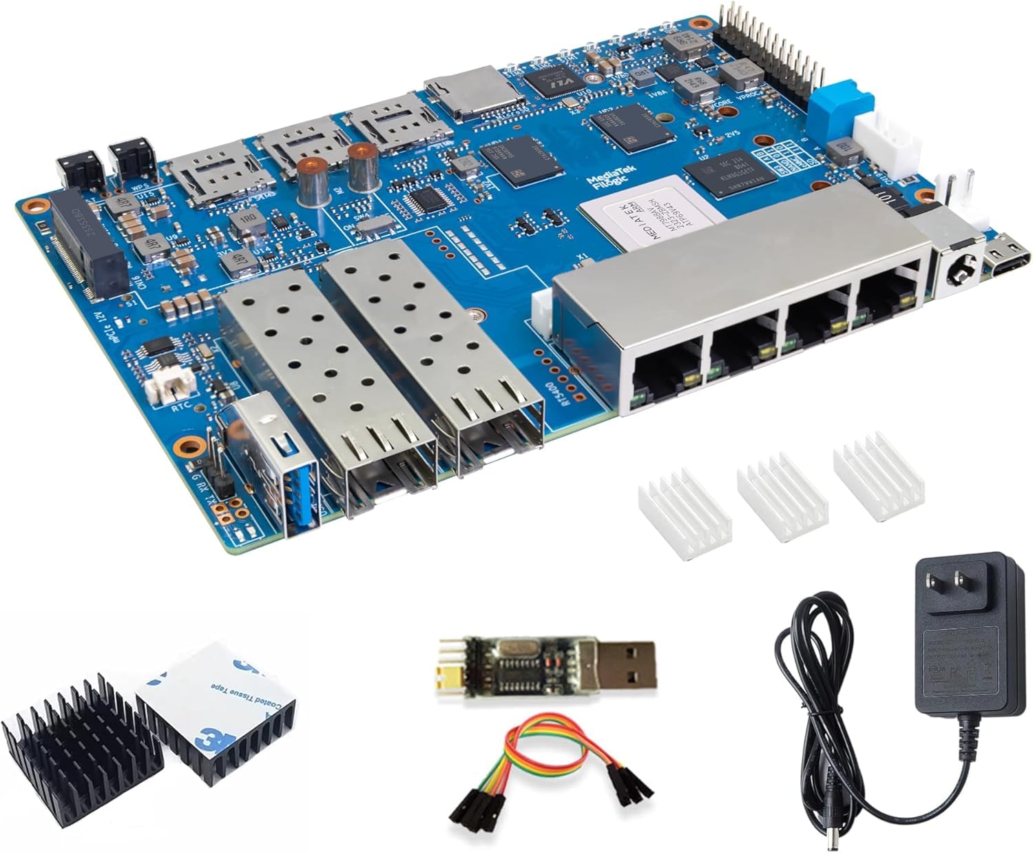 Banana Pi BPI-R4 WiFi 7 Router Board OpenWRT – DDR4 4 GB/8 GB RAM-MediaTek MT7988A (Filogic 880) SoC, 4G/5G Wireless Router 2x 10GbE SFP 4X GbE per NAS Smart Home Gateway (Kit1, DDR4 8GB)