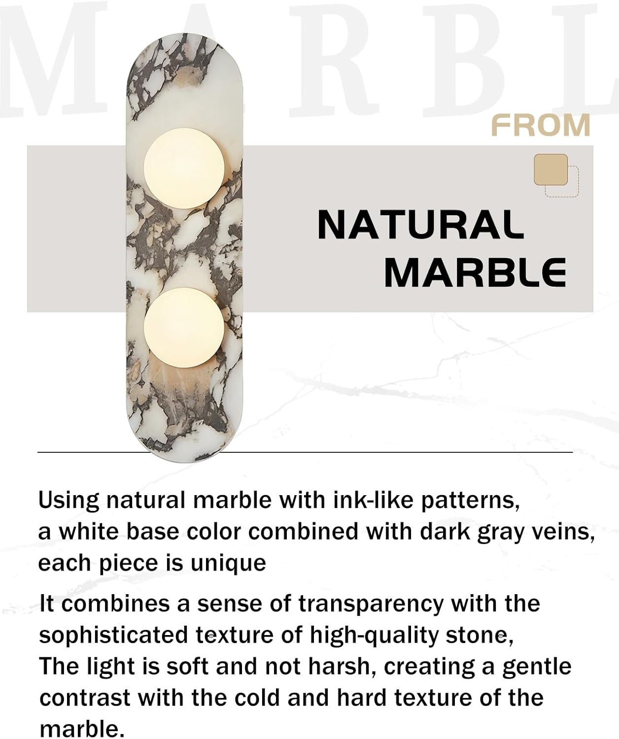 Marble Wall Sconces, 17.3 Inch High Nordic Style Alabaster Wall Sconce with Globe Lampshade & Oval Natural Marble Base, MCM Travertine Wall Lights Fixture for Bedroom Living Room (2 Ball)