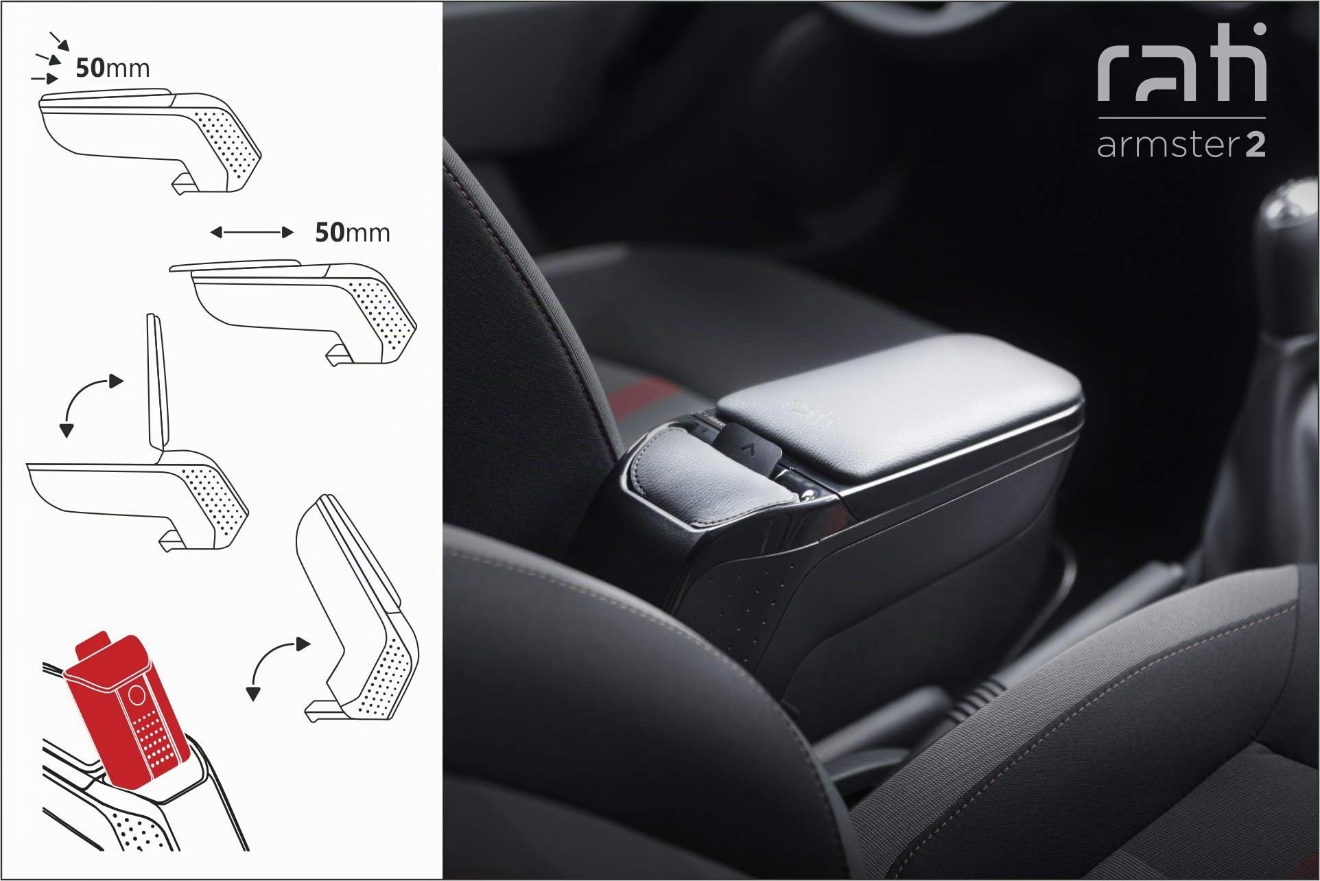 Rati Armster2 bracciolo centrale adatto per FIAT 500e 2020- SOLO PER MODELLI ELETTRICII con vano portaoggetti I che si adatta perfettamente alla console centrale