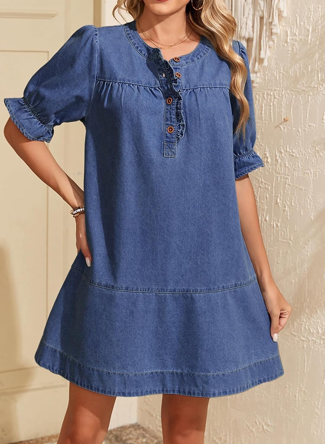 Dokotoo Women's Denim Dress 2026 Babydoll Dress Casual Ruffle Short Sleeve Button Jean Dresses - Image 6