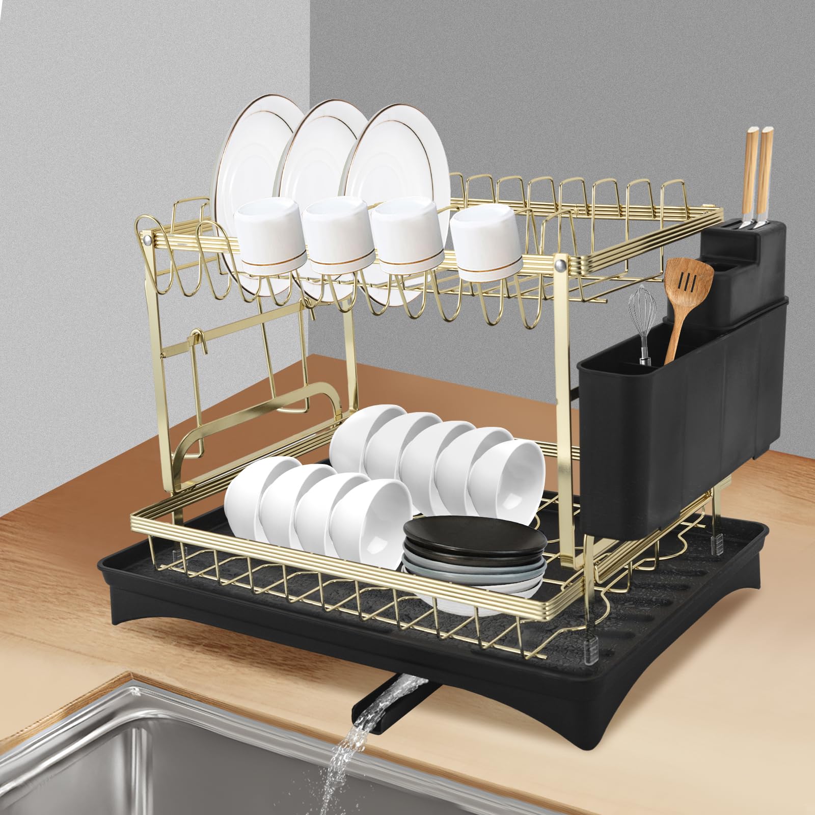 Égouttoir à vaisselle, en acier inoxydable, égouttoir à vaisselle, égouttoir à vaisselle à 2 niveaux, égouttoir à vaisselle, assiette et planche à découper (noir + doré)