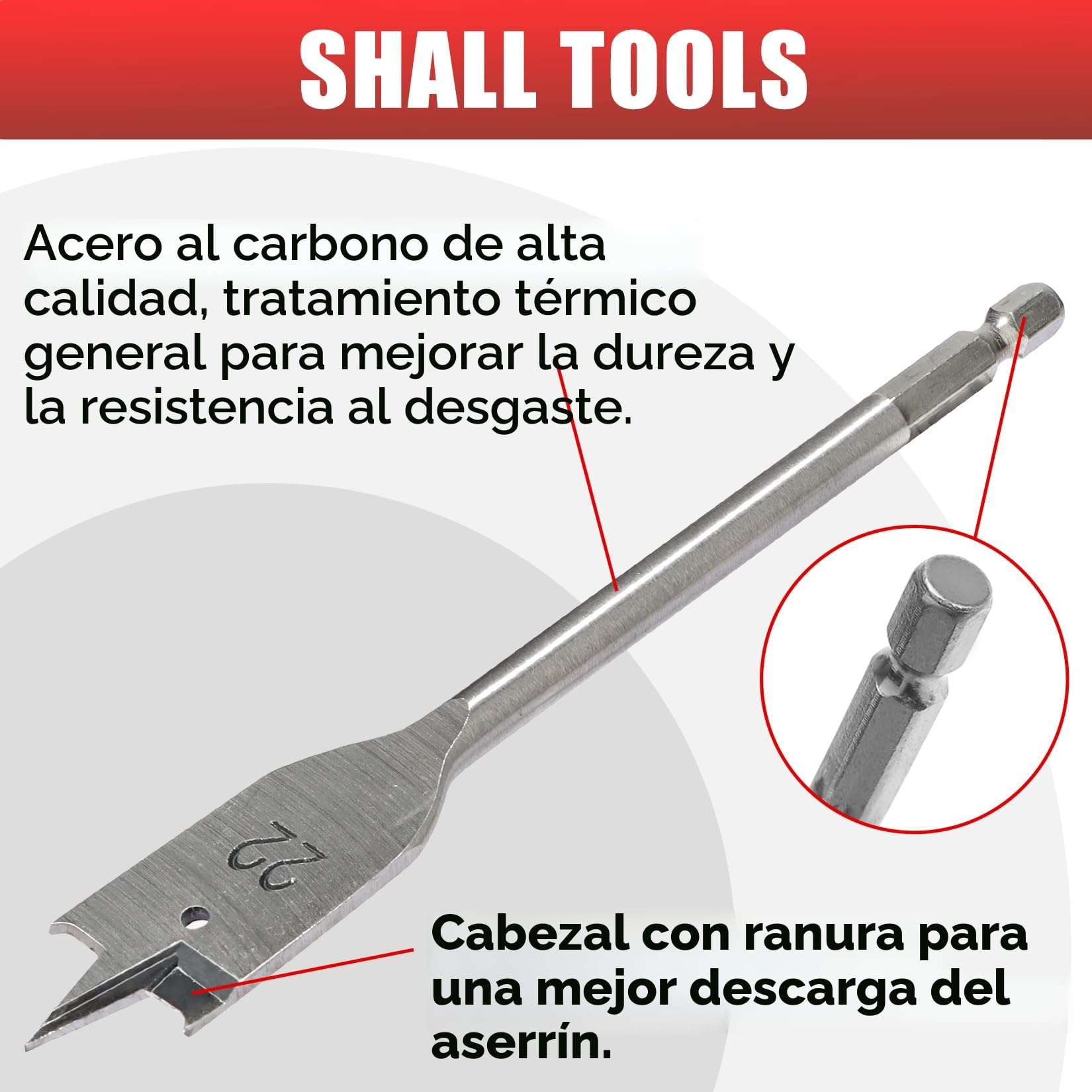 SHALL 8 piezas Juego de Brocas de Pala, vástago hexagonal de cambio rápido de 1/4 de pulgada, Ø 6-32 mm, broca plana para madera, con bolsa de almacenamiento