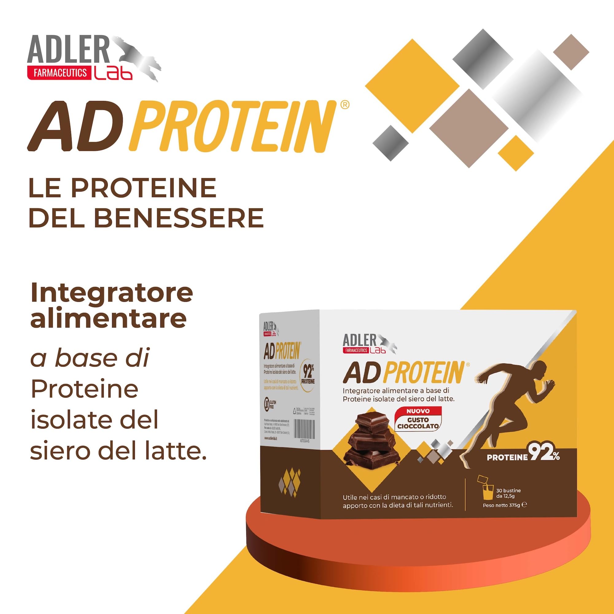 Adler Lab ADPROTEIN Integratore, 30 bustine gusto cioccolato con proteine isolate del siero del latte (92%). Rapido assorbimento, aminoacidi essenziali, basso lattosio (<1%), senza glutine.