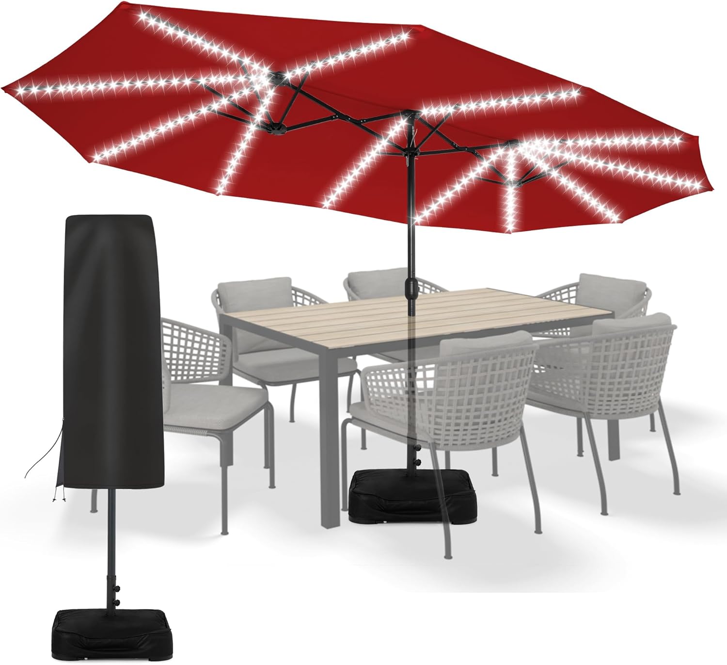 Sundale Outdoor Solar 15 ft 144 LED Olefin 5-Year-Non-Fading Patio Umbrella with Sandbag Base Included and Cover, Outdoor Double-Sided Umbrella with Lights
