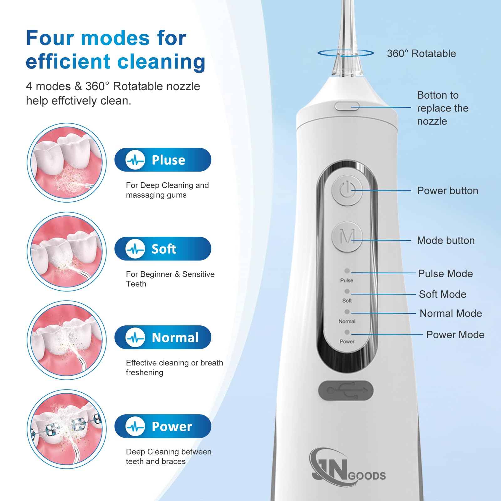 JNGOODS JNGOODS - Idropulsore dentale senza fili, ricaricabile, 310 ml, impermeabile IPX7, 4 modalità, con 4 punte per getto, uso in viaggio a casa (bianco)