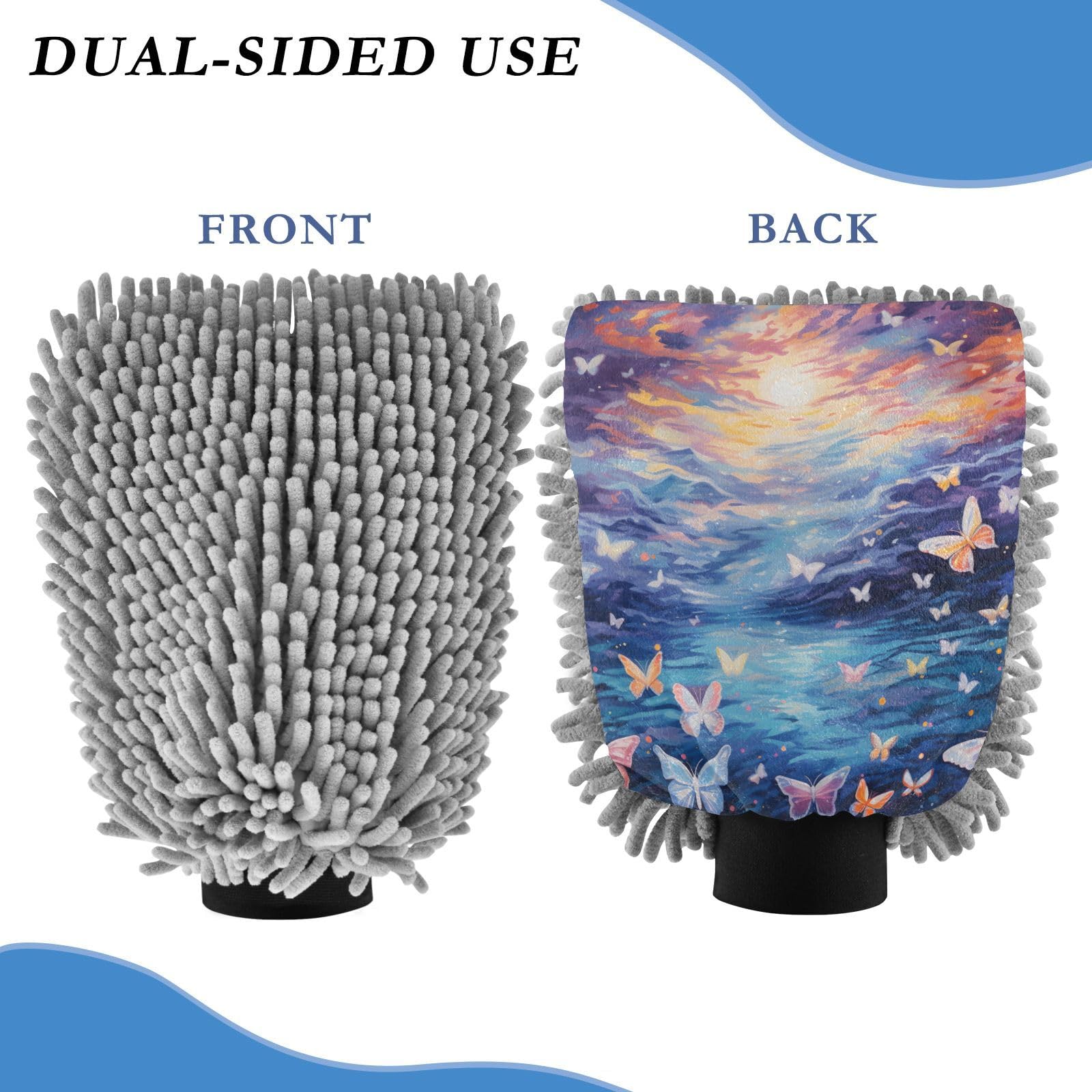 IOACIY Absorbent Microfiber Car Wash Drying Mitts, 2 Pack, Scratch-Free & Lint-Free, Rich Foam, Highly Absorbent, Double Sided, Wash Mitt Perfect for Car Washing, M, Fantasy Starry Sky Butterfly (2)