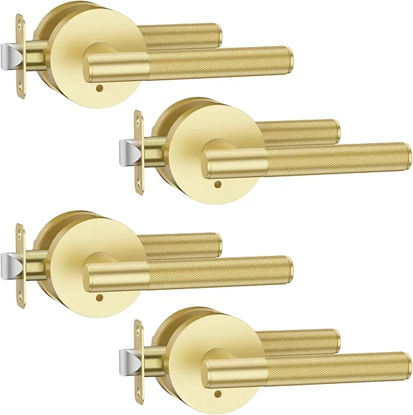 Asidrama 4 Pack Privacy Gold Door Handles, Door Lever with Door Knobs Indoor for Bedroom or Bathroom, Heavy Duty Brushed Gold Door Handles Interior with Locks for Left Right Sided Doors