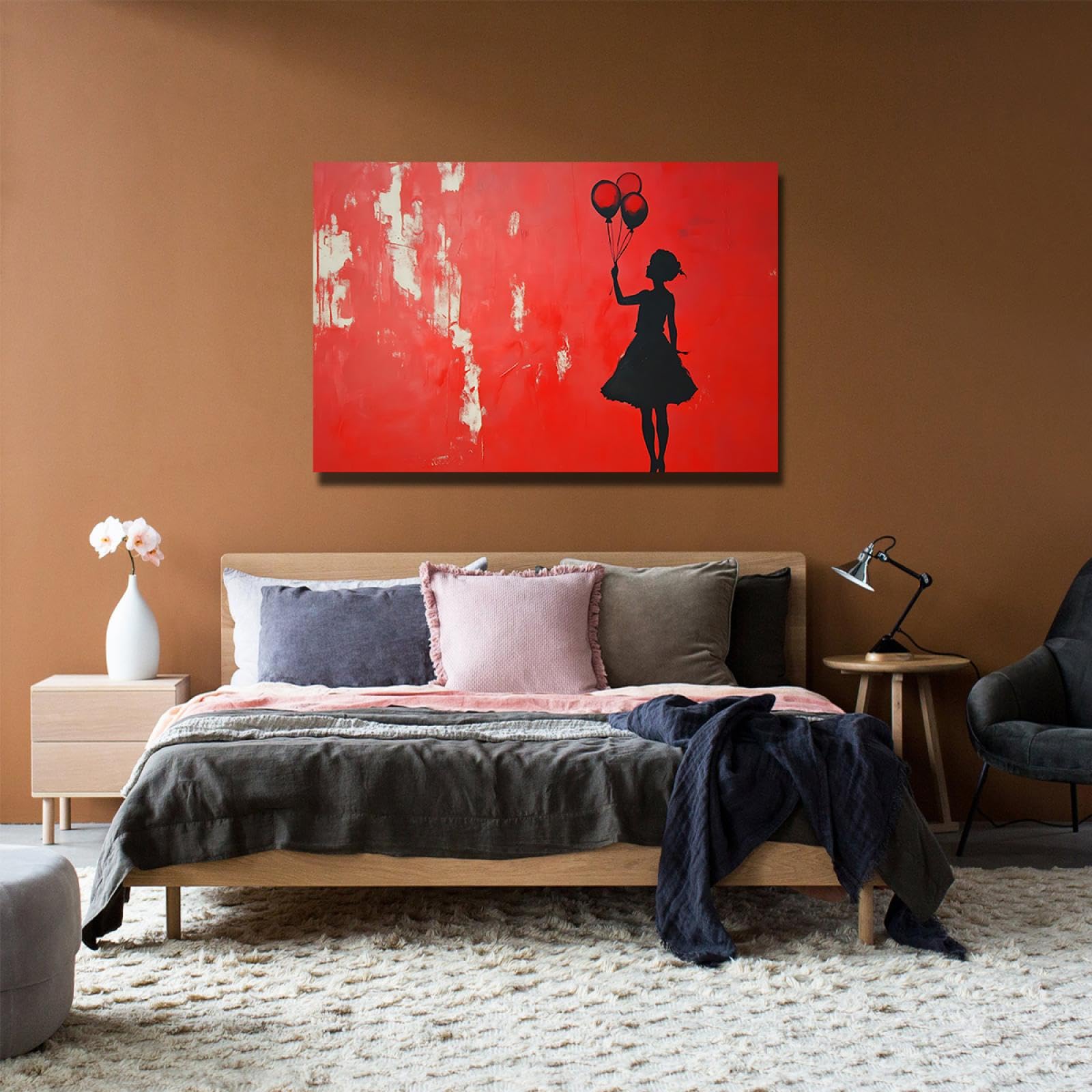 UIRINGART Lebendige rote und schwarze Leinwanddruck Neuheit Ballons Mädchen Poster Aquarell Graffiti Wanddekoration für Wohnzimmer Schlafzimmer Spielzimmer 70x110cm Innenrahmen