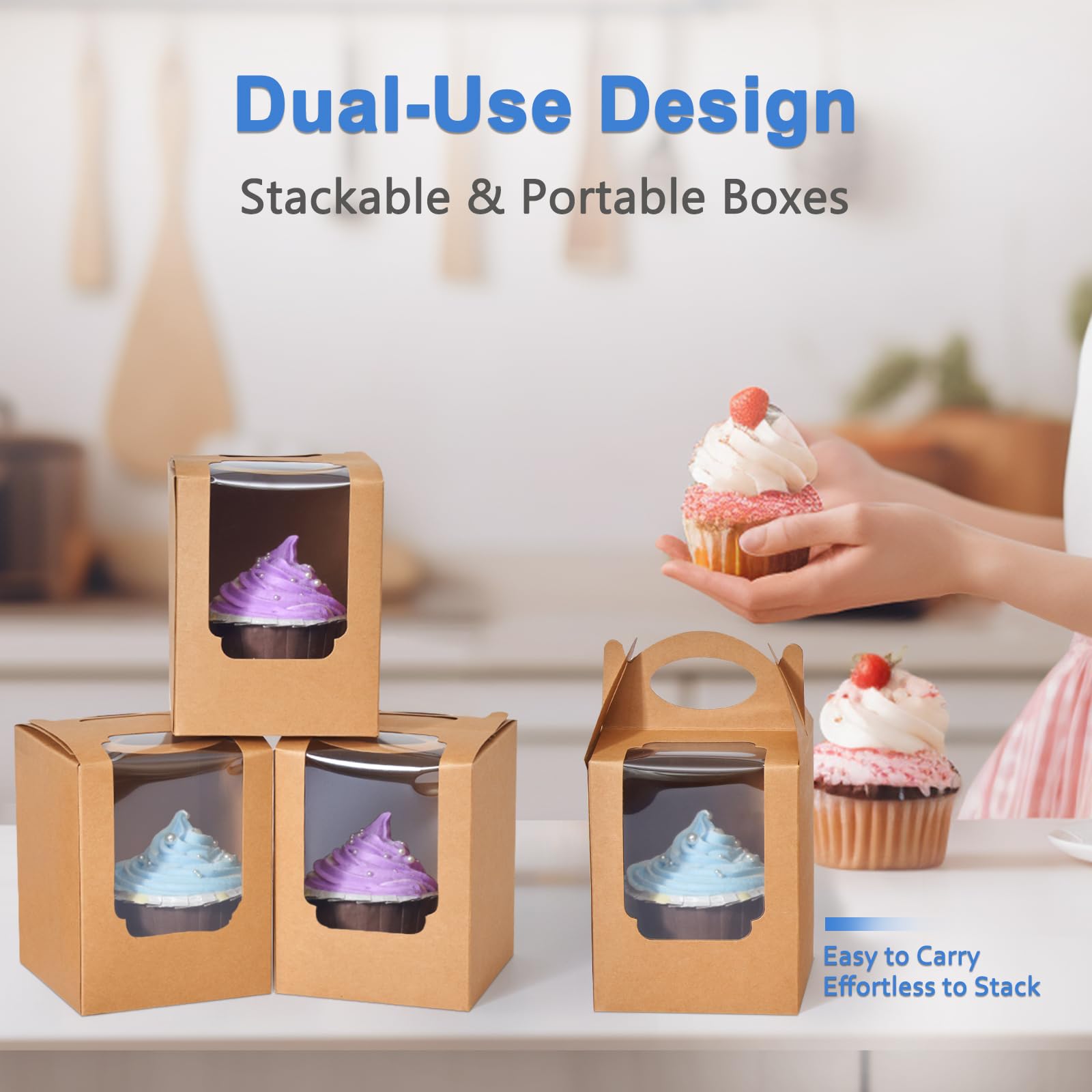 M1NIU50 - Cajas para magdalenas, 50 unidades, soporte individual para cupcakes, color marrón con inserto de ventana y asa, contenedores de pastelería, contenedor individual para envolver