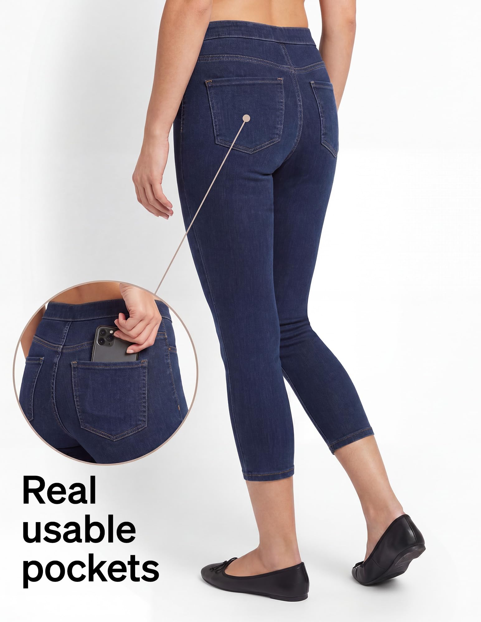 No Nonsense Classic Denim Capri Leggings with Pockets, Comfortable Stretch Pull On Pants - Leggins Mujer