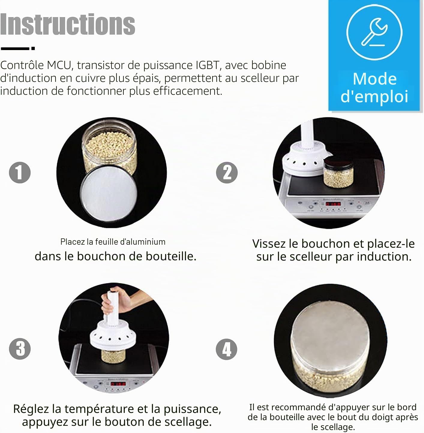 NEWTRY Scellant de bouteille à induction de 20 à 130 mm Machine de scellage électromagnétique réglable pour bouteilles en plastique avec couvercle plat DL-500C