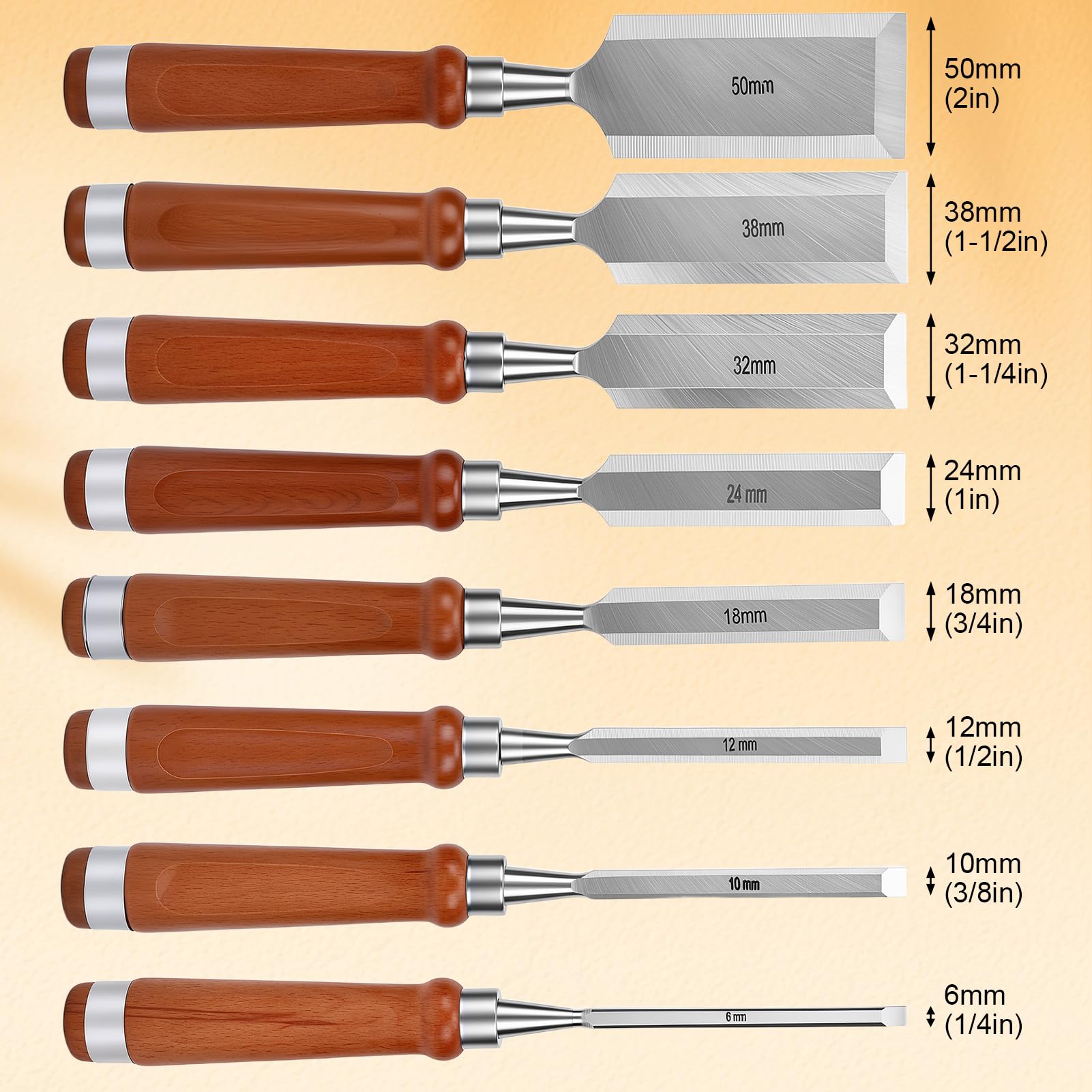 Juego de Formones para Madera Profesional, 10 Cinceles de Carpintería (6-50mm) con Mango de Madera, Piedra de Afilar, Guía y Caja de Almacenamiento | Herramientas para Tallar y Bricolaje