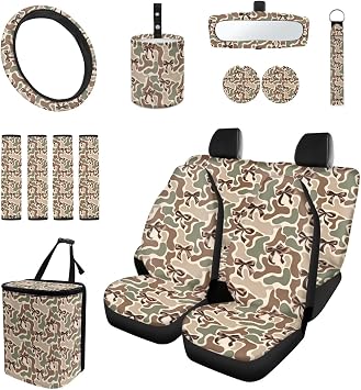 15 Pcs Camo Bow Car Seat Covers Full Set for Women Coquette Aesthetic Car Accessories Interior Car Steering Wheel Cover Seatbelt Covers Trash Bin Rear View Mirror Cover Cup Holders Keychain
