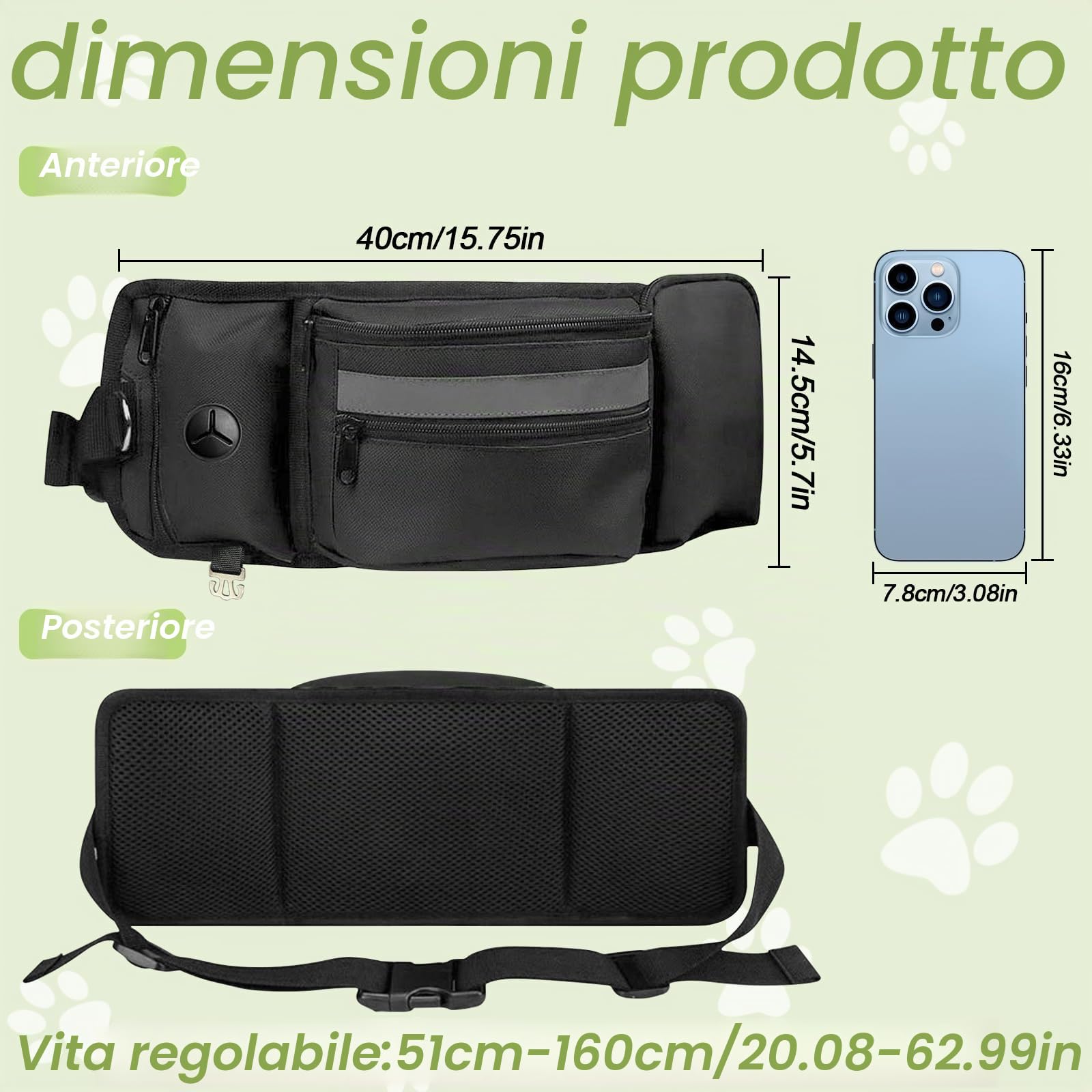 Borsa per cani e cani, borsa per cibo multifunzionale, per addestramento del cane, con dispenser per sacchetti, scomparto per cellulare e cintura per guinzagli flessibili, dolcetti e
