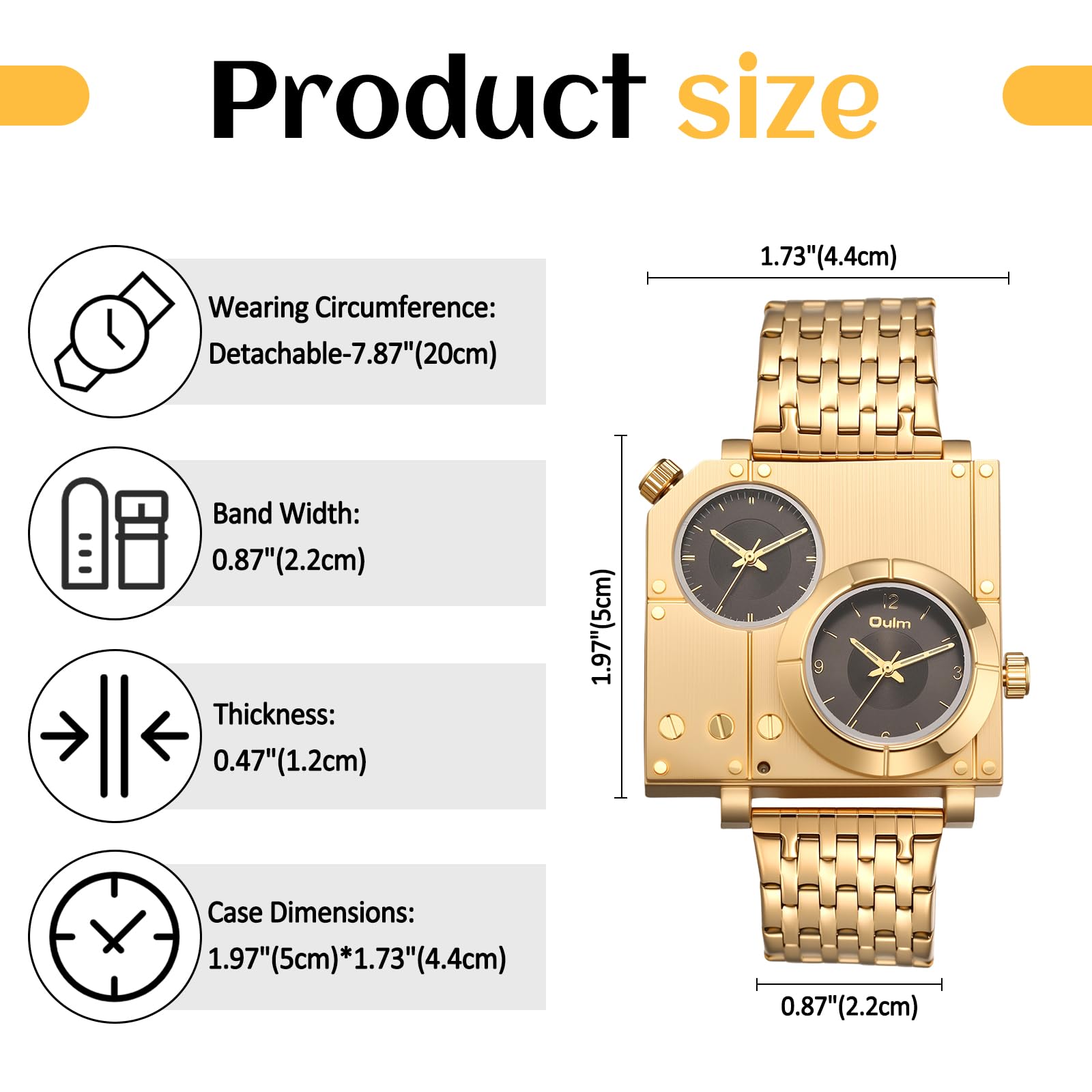 OIDEA - Reloj para hombre, cuadrado, cuarzo, caja dorada, pulsera de acero inoxidable, extraíble, esfera negra, doble esfera de dos zonas horarias, gran reloj, regalo para hombre