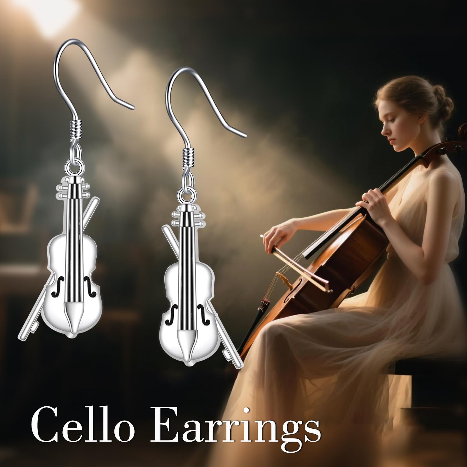 YAFEINI Pendientes de violonchelo de plata de ley 925, aretes de violonchelo, regalos para mujeres amantes de la música