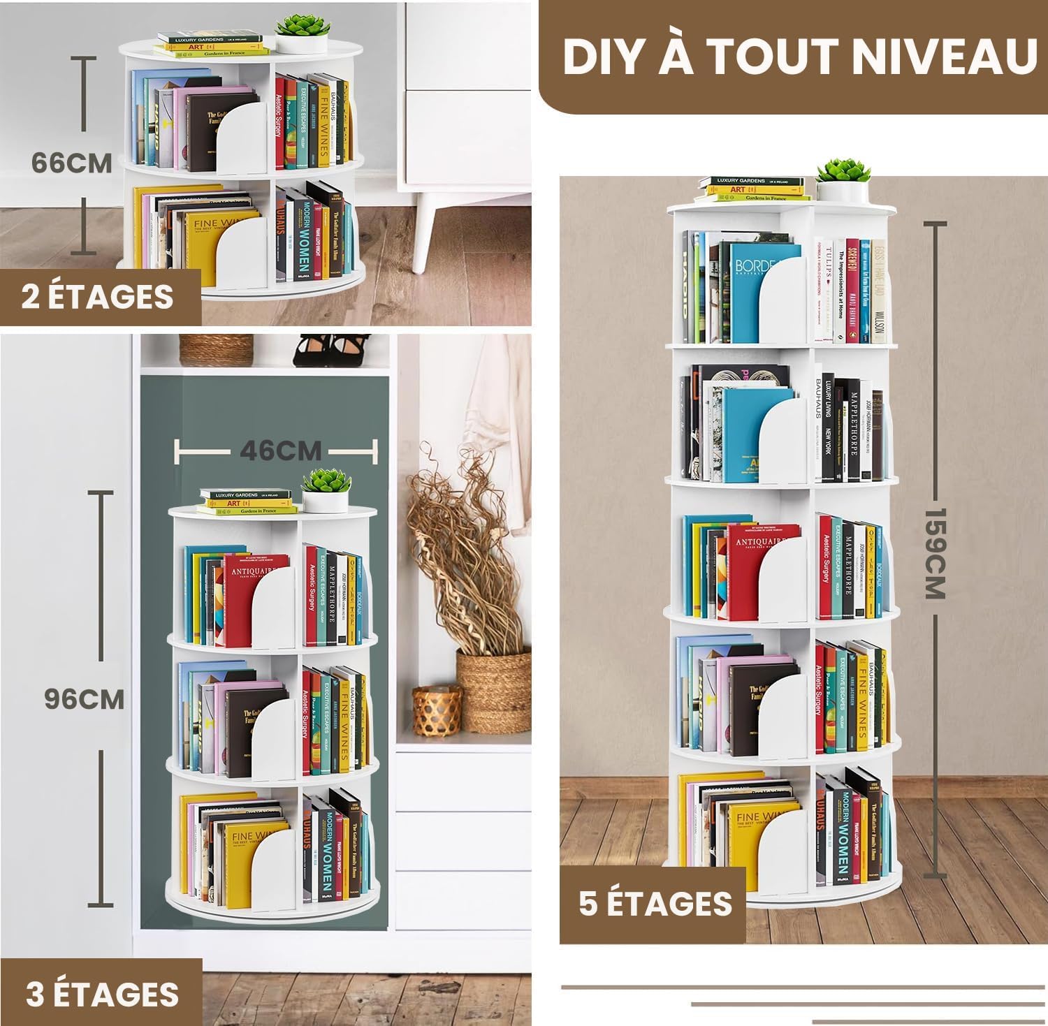 uyoyous Bibliothèque Rotative 360° à 5 Niveaux, Étagère Ronde Gain de Place en Bois d'Hévéa, avec Pare-Chocs Anti-Chute, pour Salon, Chambre, Bureau, Chambre d'enfant, Style Moderne