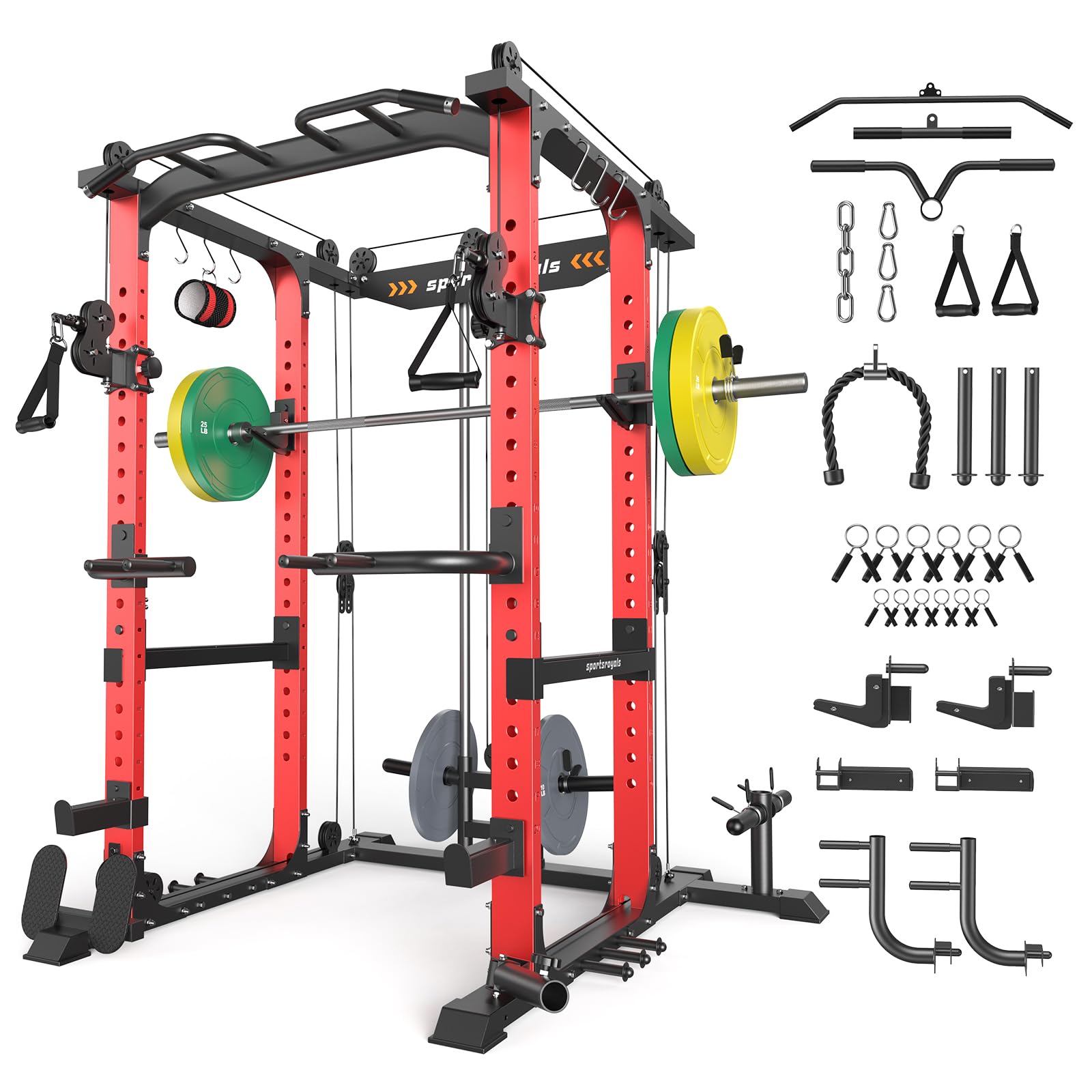 SPORTSROYALS Power Rack, Multi-Functional Power Cage, Squat Rack with Pulley System &amp; LAT Pull Down, Workout Cage with J Hooks for Home Gym