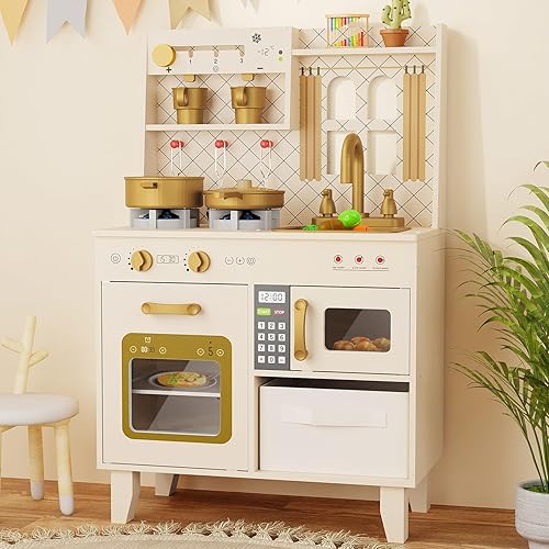 BIERUM Juego de cocina con luces y sonidos realistas, juego de cocina de madera para niños pequeños, cocina de juguete con 26 accesorios de comida y