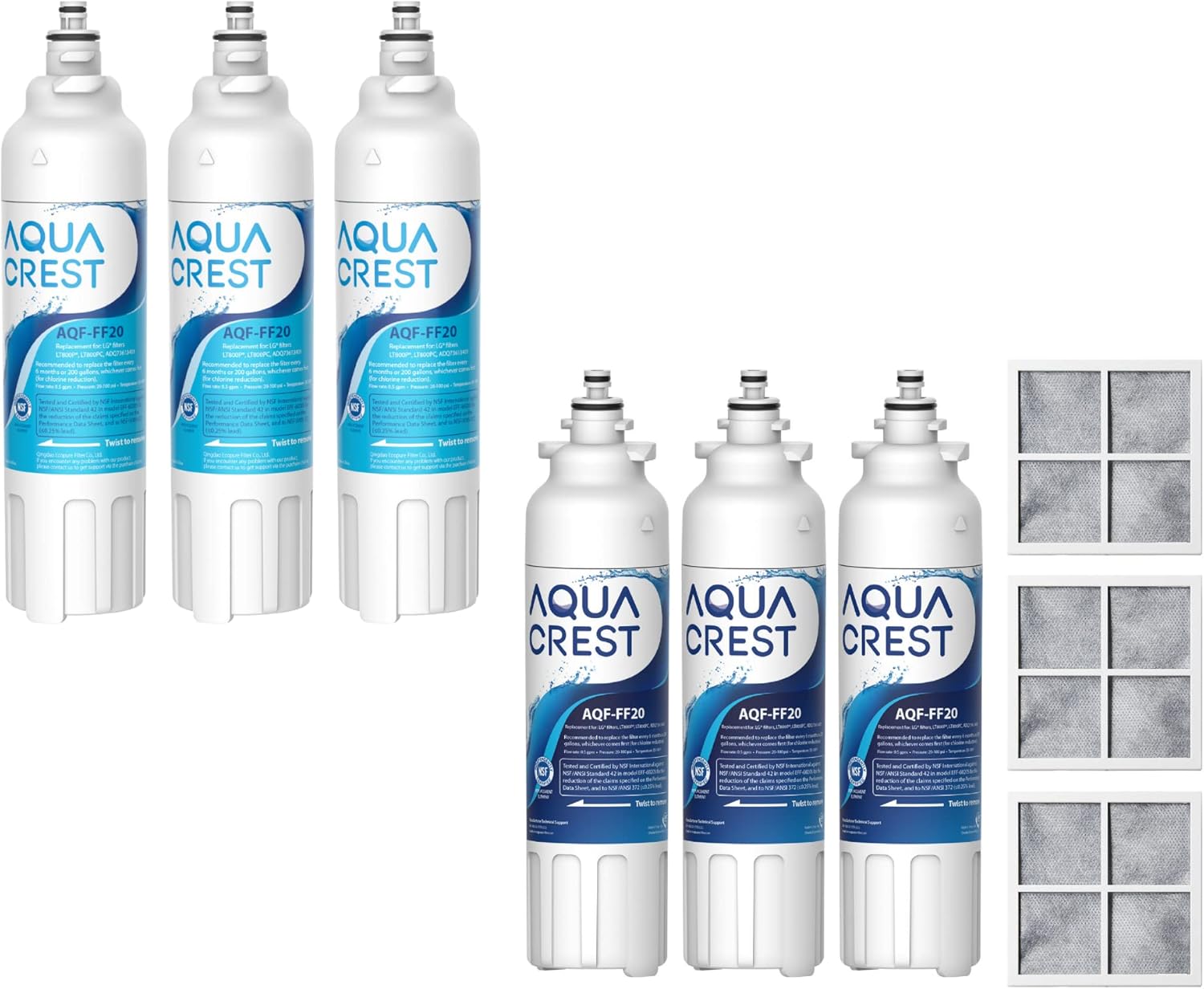 AQUA CREST ADQ73613401 Refrigerator Water Filter, Replacement for LG® LT800P® ADQ73613402, Kenmore Elite 9490, ADQ73613408, ADQ75795104 and LT120F®, 6 Water Filters and 3 Air Filters