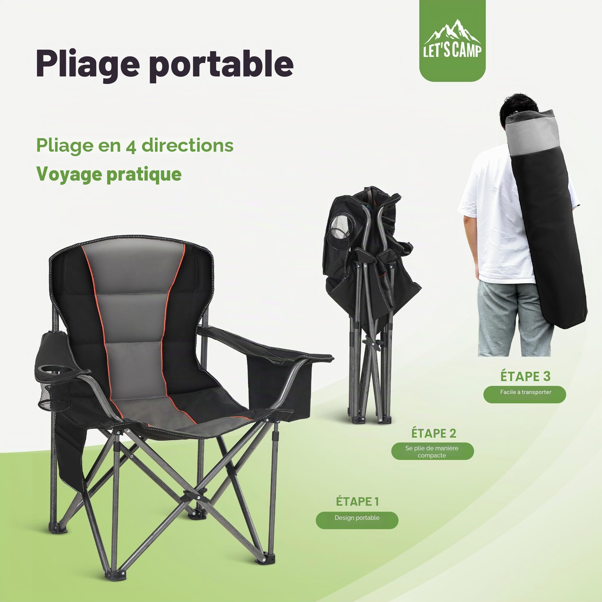 LET'S CAMP Chaise de Camping Pliable surdimensionnée avec Porte-gobelets, Sac Isotherme, Chaise d'extérieur jusqu'à 200 kg