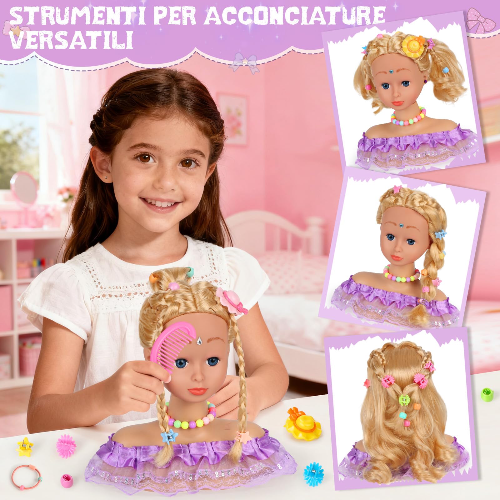 Testa Bambola da Truccare e Pettinare, 66 Pezzi Testa da Pettinare Bambina, Bambola da Truccare Regalo di Compleanno, Natale per Bambini a Partire Dai 3 Anni (Viola)