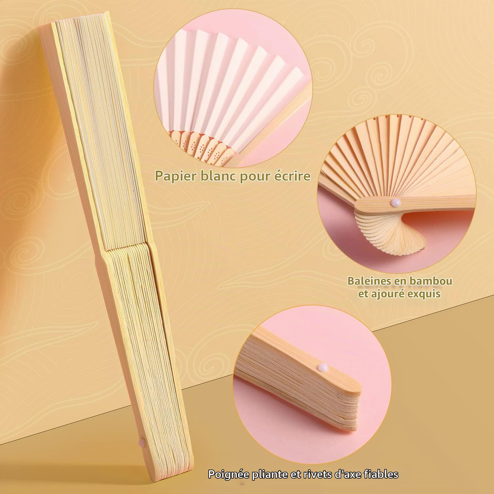 Qunclay Lot de 60 éventails à Main en Papier Blanc en Bambou pour Mariage, Danse, fête, église, Maison, Bureau, décoration, Cadeau, Fournitures de scène, Emballage Individuel