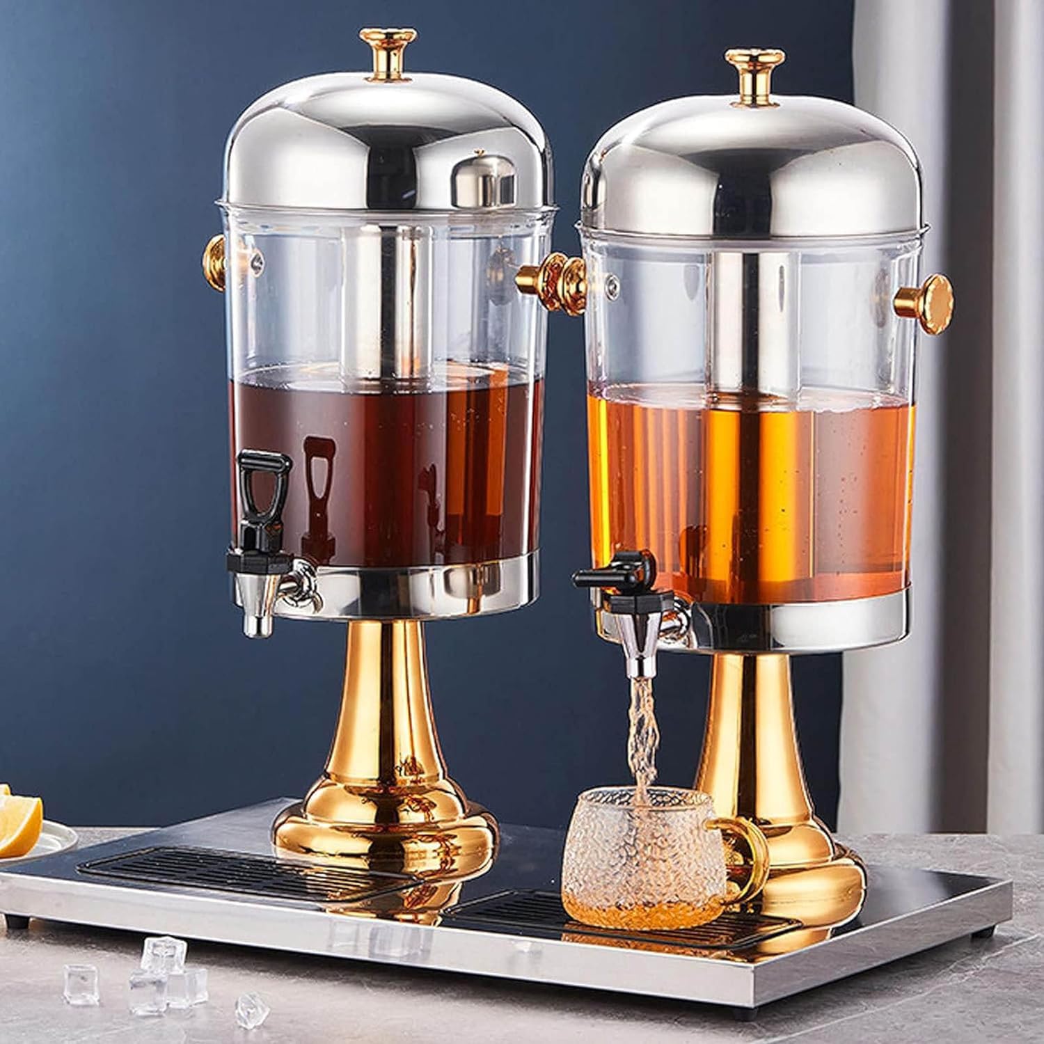 ASerZenith Commercial Juice Dispenser, 16L/24L Stainless Steel Drinks Dispenser Container With Ice Container, Self Service Cocktail Dispenser -Water Dispenser -Drink Tower(Gold-Doublehead16L)