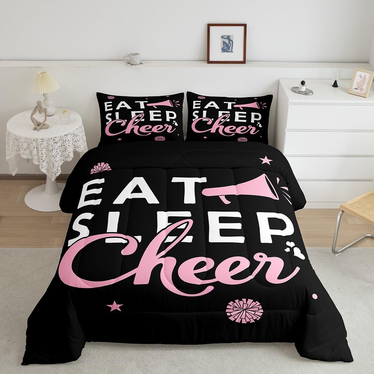 Feelyou Pink Eat Sleep Cheer Comforter Set for Girls Boys Cheerleader Comforter Gymnastics Dancing Lovers Bedding Set Girls Cheerleading Sports Duvet Set King Size Quilt Boys