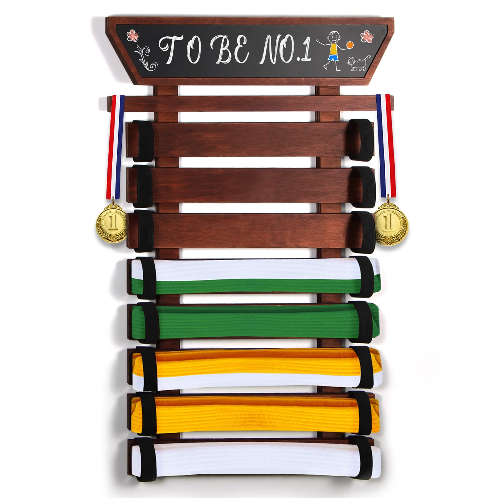 Karate Belt Display Rack with Handwritable Blackboard, 8 Taekwondo Belt Display Rack with DIY Board，Personalization Taekwondo Belt Display for Kids, Karate Belt Holder BJJ Belt Display