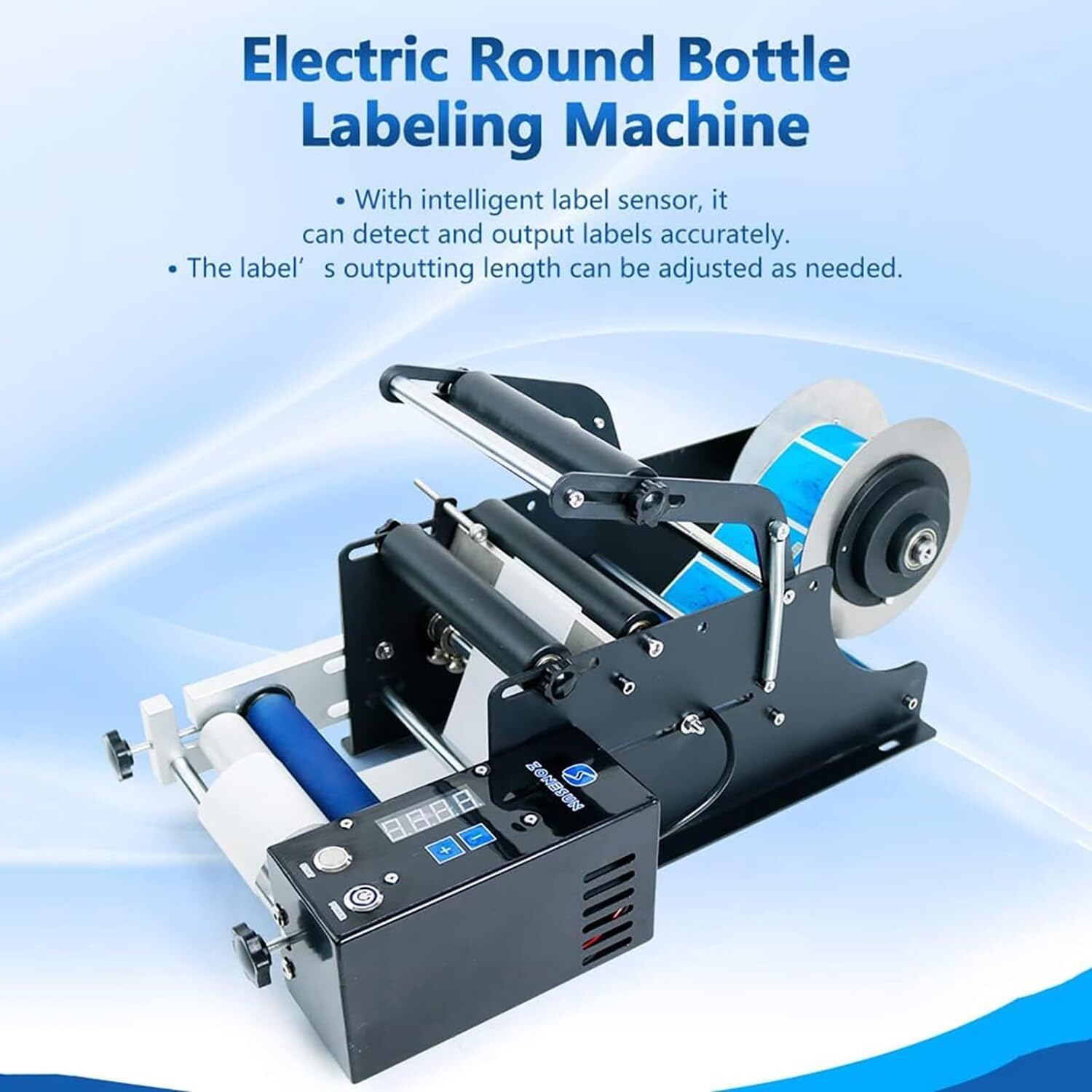 Elektryczny aplikator etykiet do okrągłych butelek Maszyna do etykietowania, etykieciarka do szklanych plastikowych butelek, do średnicy 15-120 mm, 15-30 szt./min