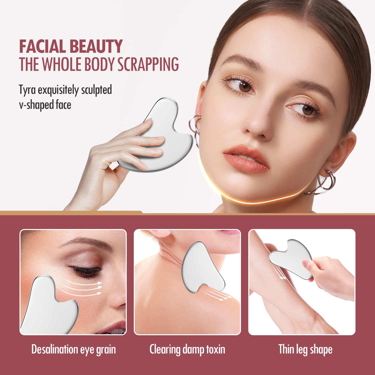Rodillo masajeador facial de metal rodillo facial 3D y kit de herramientas de masaje Gua Sha para cara, ojos, cuello, cuerpo y cuidado de la piel