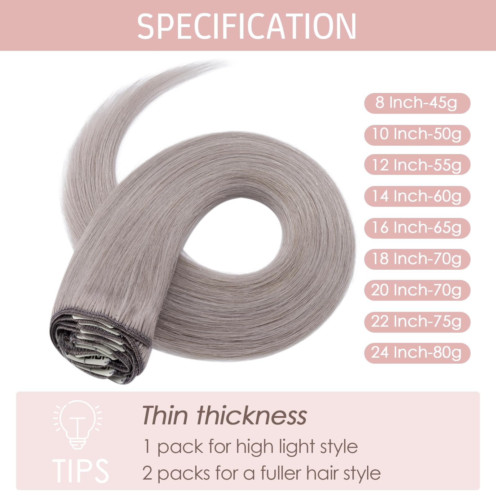 Silk-co Dopinki do włosów z prawdziwych włosów, clip in, 8 tresek, 18 klipsów, 65 g, prawdziwe włosy Remy, przedłużenie włosów, kolor szary, 40 cm