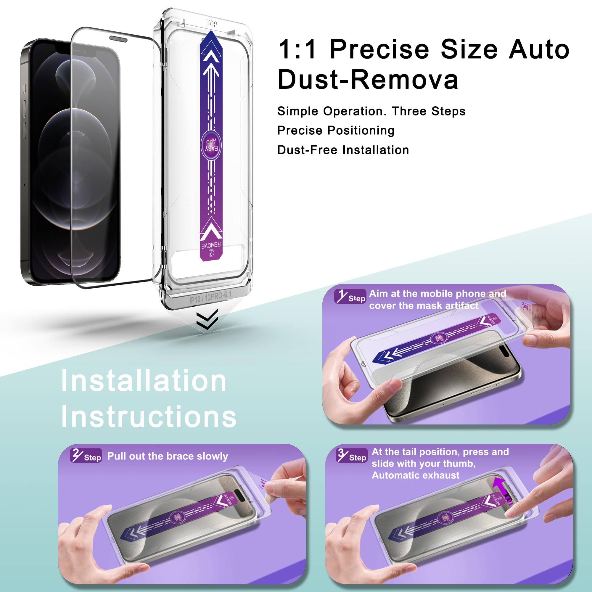 2 sztuki folii ochronnej na wyświetlacz ze szkła hartowanego do iPhone 12 i iPhone 12 Pro 6,1 cala, automatyczne usuwanie kurzu, bez pęcherzyków powietrza, wysoka rozdzielczość, łatwa