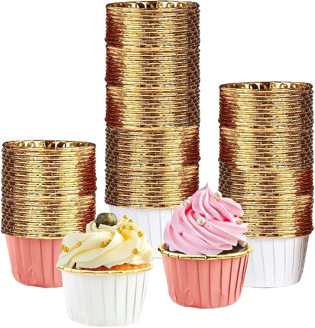 100Pcs Cupcake Cases,White Aluminum foil Cupcake Liners Pink Paper Baking Cups Muffin Cases ,Mini Cake Cases for Baking Wedding Birthday Party Christmas